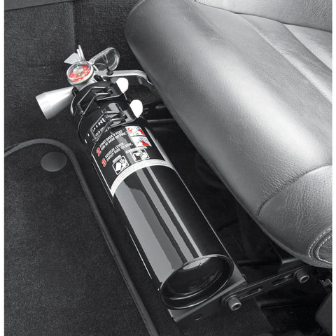 Heavy Duty Compact Fire Extinguisher For Cars Trucks Race Rigs Clean Halotron Formula mounted in vehicle cabin.