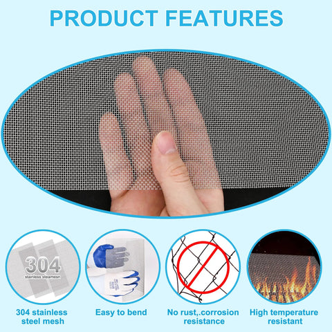 Set Of Four 13x9 Inch 20 Mesh Stainless Steel Wire Mesh Sheets 304 Rustproof Metal Screen held against a blue background