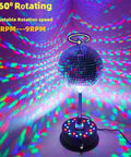 Six Inch Rotating Mirrors Disco Ball Light With Adjustable Five To Nine RPM Motor Base 24 RGB LED Mood Lights USB Or Battery Powered Lit For Party Club Stage Dance Bar creating colorful reflections on the wall