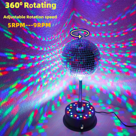 Six Inch Rotating Mirrors Disco Ball Light With Adjustable Five To Nine RPM Motor Base 24 RGB LED Mood Lights USB Or Battery Powered Lit For Party Club Stage Dance Bar creating colorful reflections on the wall