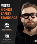 Man wearing Foam Padded Safety Glasses With Clear Lens, ANSI Z87.1 Rated, U6 UV Protection, text on side about safety standards.