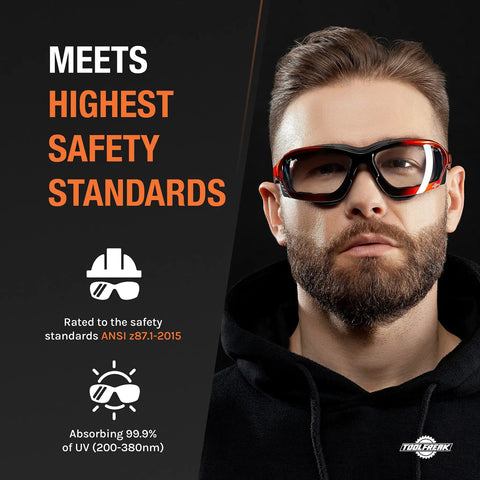 Man wearing Foam Padded Safety Glasses With Clear Lens, ANSI Z87.1 Rated, U6 UV Protection, text on side about safety standards.