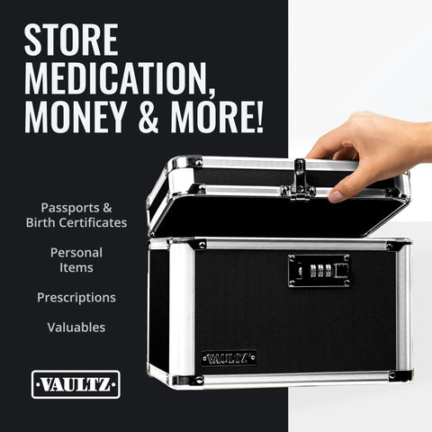 Heavy Duty Combination Lock Box For Documents And Valuables With Safe Storage For Cash, Meds, And Personal Gear, lid open