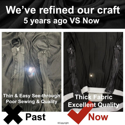 Comparison of past thin quality versus now thick and excellent quality of waterproof stretch office chair cover with durable zipper.