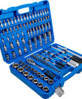 Master Grade 150 Piece Socket Set With Quarter Inch And Half Inch Drives Featuring Super Lock Sockets in organized blue case.