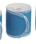 Three rolls of Therapeutic Nylatex Wrap For Cold Packs And Muscle Stimulators, 2.5 Inch Wide By 36 Inch Long, blue with Velcro strap.