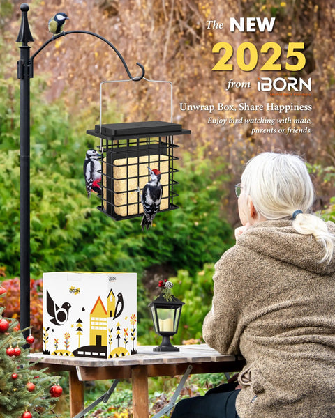 Double Suet Feeder For Outdoors Weatherproof All Metal Cage With Taller Grid Perch For Woodpeckers Easy To Clean And Refill Durable Black Bird Feeder For Outdoor Yards And Gardens hanging on stand with woodpeckers