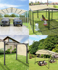 Collage of outdoor structures including two carports, a chicken coop, and pergola with Beige 9x31 Sun Shade Sail with grommets.