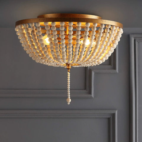 Allison 3 Light LED Flush Mount Ceiling Light With Wood Beaded Shade In Antique Gold Cream Perfect Bedroom Farmhouse Rustic Chic Decor Vibe LED Bulbs Included