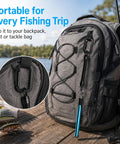 Worm Rig Tools Kit With 320 Wacky O Rings clipped to tackle bag with fishing gear on wooden deck by a lake