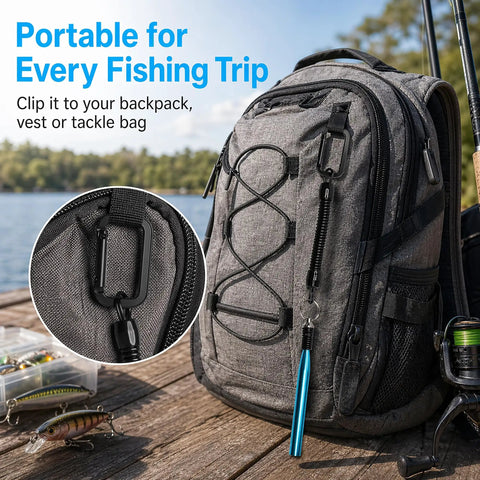 Worm Rig Tools Kit With 320 Wacky O Rings clipped to tackle bag with fishing gear on wooden deck by a lake