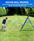 Child using rebounder net for soccer skill training in backyard field