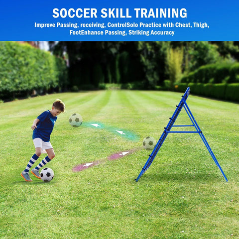 Child using rebounder net for soccer skill training in backyard field