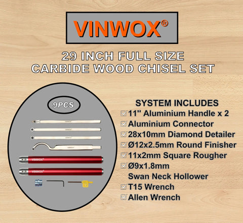 VINWOX 9-piece carbide wood lathe turning tool set with aluminum handles and red-handled tools