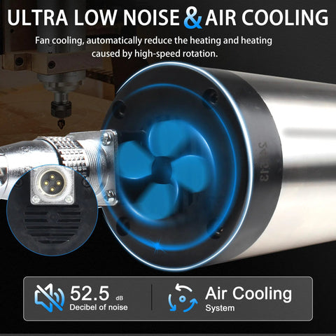 Close-up of Air Cooled CNC Spindle Motor 110V 2.2KW 80mm ER20 showing fan cooling system under low noise operation, 52.5 dB