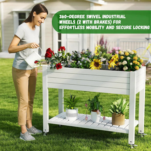 Woman watering plants in Elevated Garden Bed On Four Legs With Four Lockable Wheels And Storage Shelf For Balcony Patio Backyard
