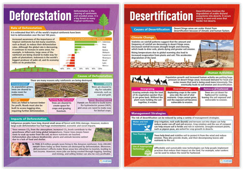 Two glossy wall charts from Six Extra Large Ecosystems Posters Set for middle and high school classrooms, illustrating deforestation and desertification.