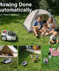 Family camping while Next Level Robotic Lawn Mower With Vision AI And RTK Zero Edge Cutting operates automatically nearby