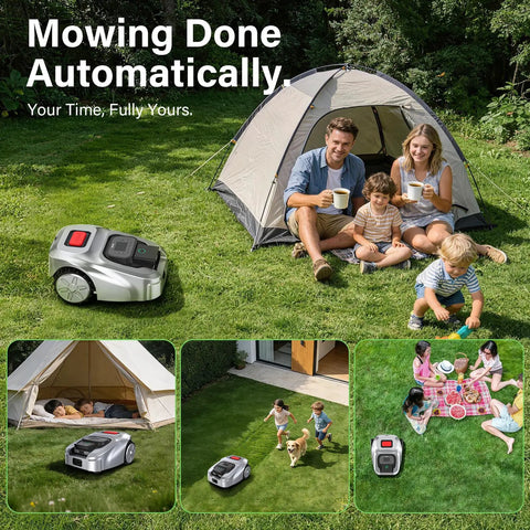 Family camping while Next Level Robotic Lawn Mower With Vision AI And RTK Zero Edge Cutting operates automatically nearby