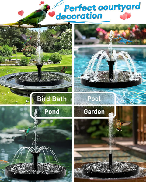Sun Powered Bird Bath Fountain With Six Nozzles For Ponds And Gardens shown in various outdoor settings