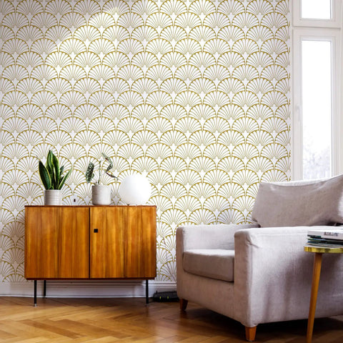 Living room with Gold Peel And Stick Wallpaper Self Adhesive For Cabinets And Walls Dope Boho Leaf Ginkgo Biloba Pattern on wall.