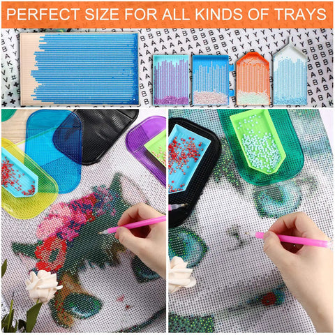 Crafting setup with six piece diamond painting anti slip sticky mats set in six colors for keeping tiny diamonds in place.