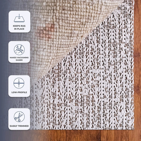 Natural Rubber Rug Grip Non Slip Pad 3 By 5 Inch Low Profile Rug Pad For Hardwood And Hard Surface Floors shown in use on wooden floor.