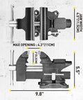 Four And A Half Inch Bench Vise With Heavy Duty Forged Steel Construction Built In Pipe Jaw And Swivel Base dimensions shown