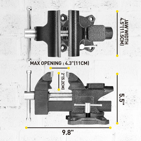 Four And A Half Inch Bench Vise With Heavy Duty Forged Steel Construction Built In Pipe Jaw And Swivel Base dimensions shown