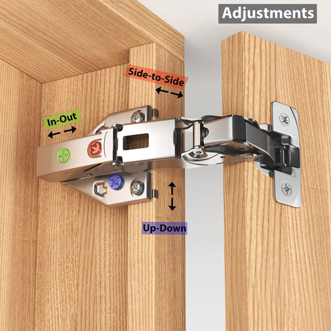 165 Degree Clip-On Soft Close Cabinet Hinges With Zero Protrusion showing adjustment directions on wood cabinets.