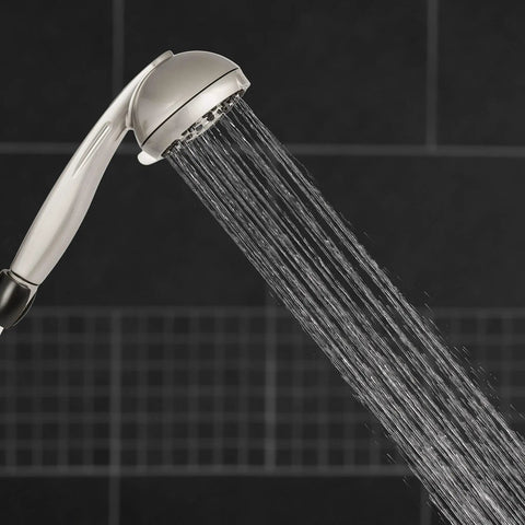 High Pressure Handheld Shower Head With Hose PowerPulse Massage 6 Modes Brushed Nickel Finish in use, showing water flow