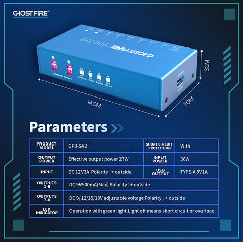Diagram of Eight Channel Isolated Pedal Power Supply With 9V 12V 15V 18V Outputs And 5V USB showing dimensions and specs