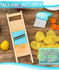 Two-piece kitchen set: potato lattice waffle maker (wood frame) and blue-handled crinkle cutter.
