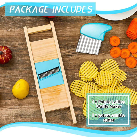 Two-piece kitchen set: potato lattice waffle maker (wood frame) and blue-handled crinkle cutter.