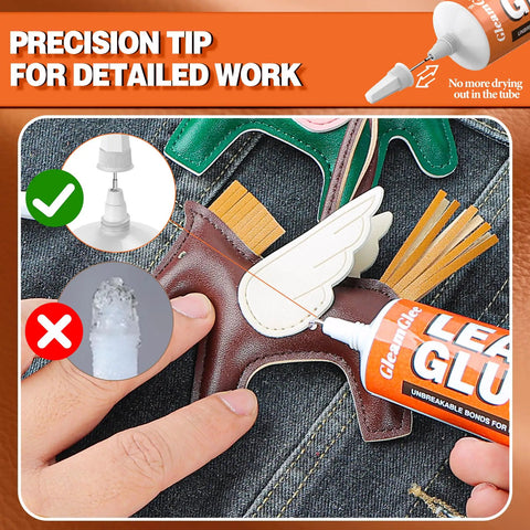Close-up of applying Leather Glue 60ml Extra Strong Waterproof Flexible Adhesive For Leather And Vinyl on leather patch.