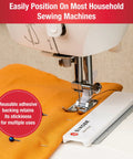 Stitch Gauge And Guide For Sewing Enthusiasts, Seam Measuring Tool For Machine Sewing, Pre Drilled Holes For One Eighth To One Inch Seam Allowances, Reusable Adhesive Guide For Precise Hems And Seams installed on sewing machine.