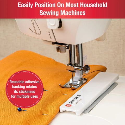 Stitch Gauge And Guide For Sewing Enthusiasts, Seam Measuring Tool For Machine Sewing, Pre Drilled Holes For One Eighth To One Inch Seam Allowances, Reusable Adhesive Guide For Precise Hems And Seams installed on sewing machine.