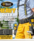 Person wearing Built Tough Tool Belt Set With Suspenders And Pro Vest Ultra 20 Pouches H Style Apron Pouch for Framers and Carpenters.