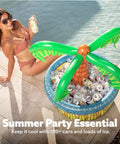 Inflatable 28 Inch Palm Tree Cooler For Beverages, Beach Luau Themed Party Decor And Tropical Outdoor Supplies, next to pool.