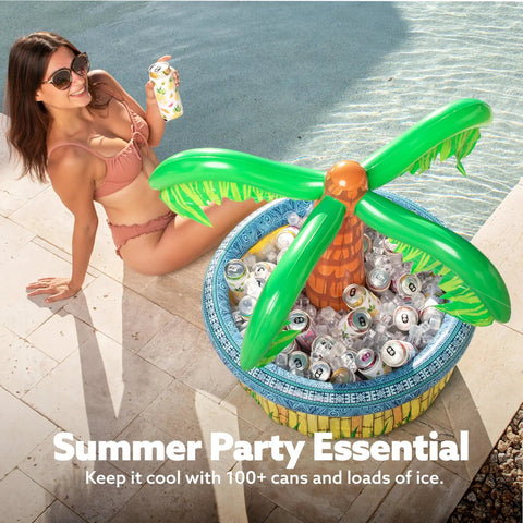 Inflatable 28 Inch Palm Tree Cooler For Beverages, Beach Luau Themed Party Decor And Tropical Outdoor Supplies, next to pool.