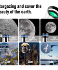 Image showing magnification levels of Backyard Ready 80mm Aperture 600mm Focal Length Telescope with city, moon, and bird views.