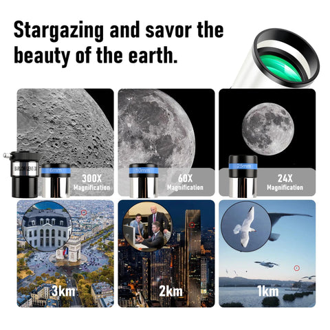 Image showing magnification levels of Backyard Ready 80mm Aperture 600mm Focal Length Telescope with city, moon, and bird views.