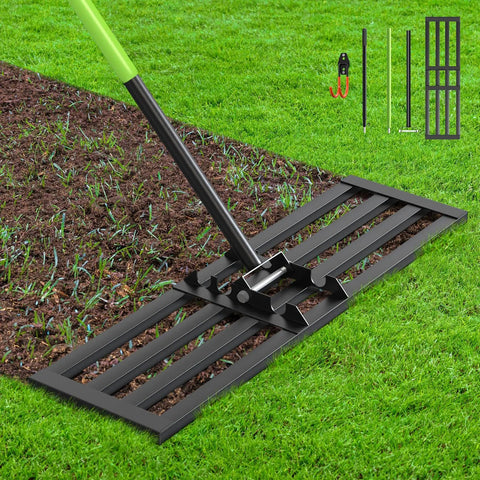 Lawn Leveling Rake With 6.5 Foot Stainless Steel Handle, 35 By 10 Inch Ground Leveler on grass, showing square tube design