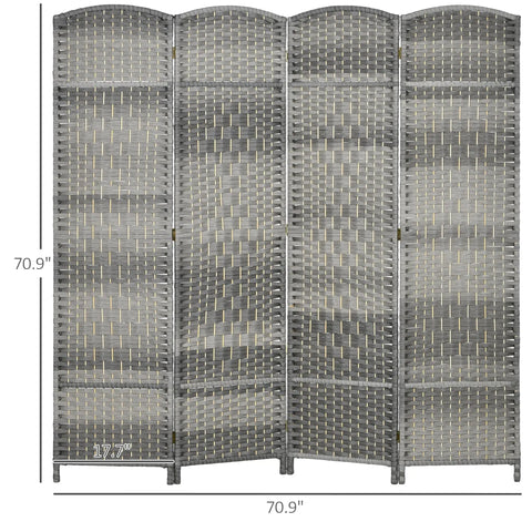Renters Friendly Ready To Use Six Foot Four Panel Room Divider With Pine Wood Frame Freestanding Privacy Screen Hand Woven PP Panels No Assembly Mixed Gray For Bedroom Or Home Office, front view