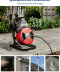 50 Foot By Half Inch Automatic Feed Drain Cleaning Machine Sewer Snake Auger With Cutter, shown on a patio with steel cable for clogs.
