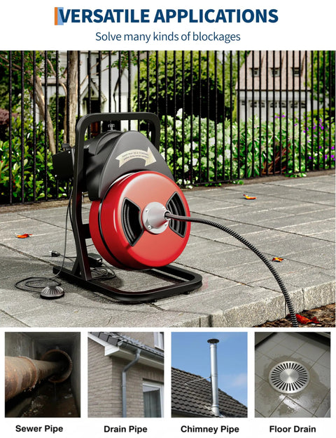 50 Foot By Half Inch Automatic Feed Drain Cleaning Machine Sewer Snake Auger With Cutter, shown on a patio with steel cable for clogs.