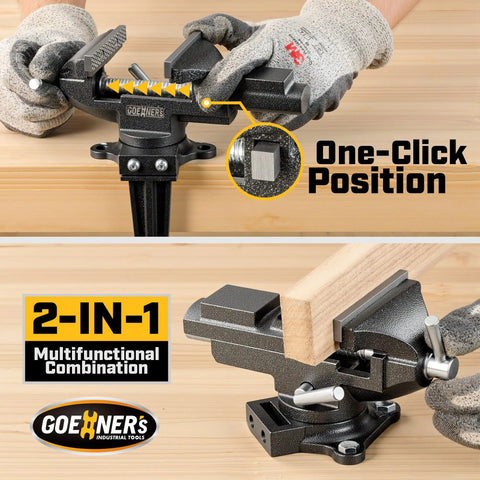 Dual-Purpose Combined Universal Vise With 360 Degree Swivel Base Clamp On Workbench showing quick-release feature