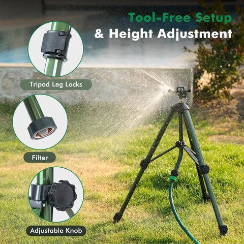 Heavy Duty Zinc Tripod Base Impact Sprinkler, 360 Degree Rotating, 3 Height Adjustable Steel Sprinkler Head in use on grass