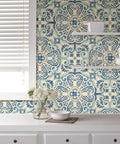 Florentine Tile Peel and Stick Wallpaper in Blue, Floral Pattern for Walls, Installs Fast, seen in a kitchen setting with shelves.