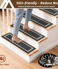 Woman walking on Soft Stair Treads Non Slip Carpet Mats 28 Inch By 9 Inch Indoor Stair Runners for wooden steps with sleeping cat nearby